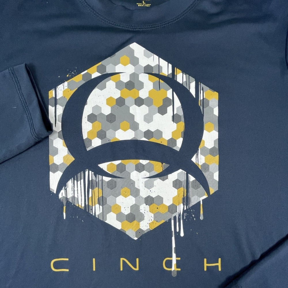 Cinch Shirt Mens L Navy Blue Long Sleeve Graphic Performance Tee Stretch Active - Picture 2 of 11